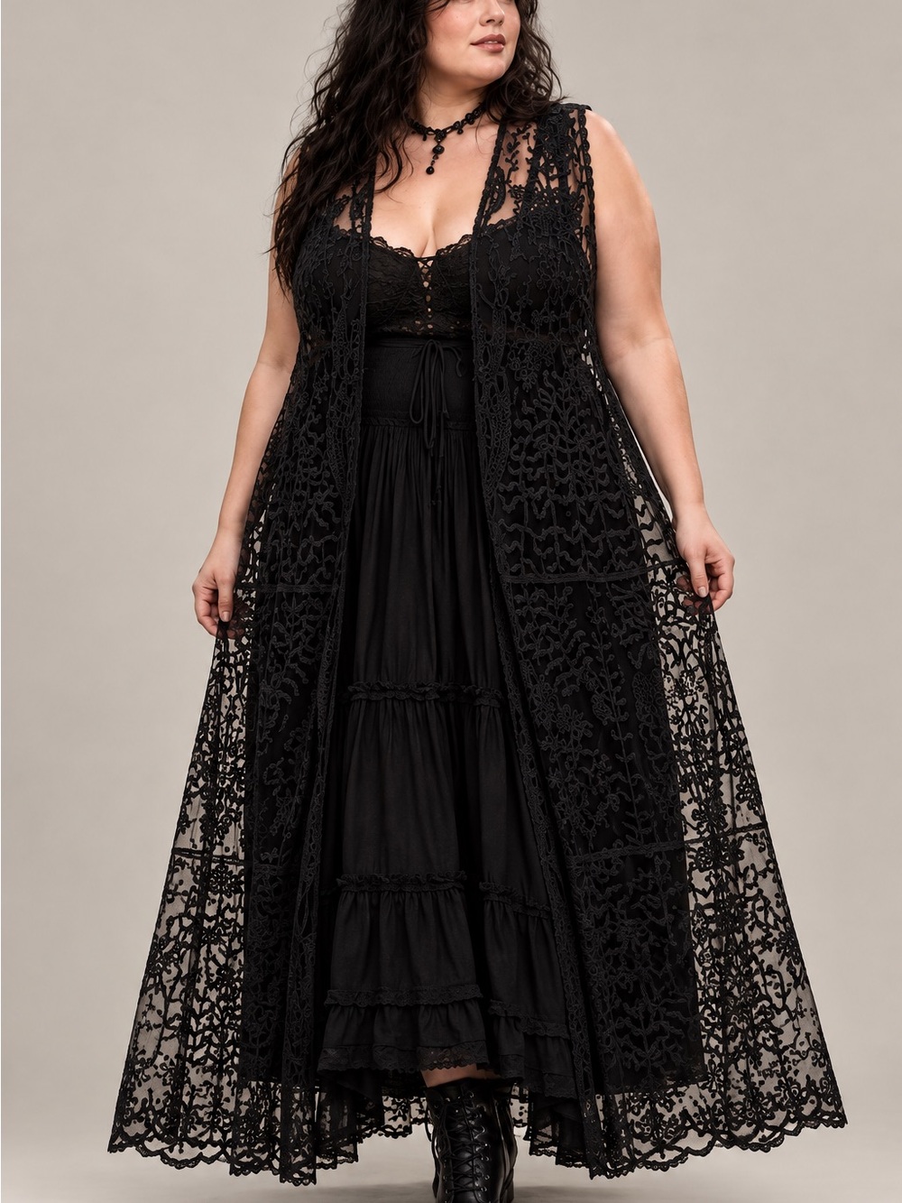 VIVID IMPORTERS OF NY Black Embroidered Mesh Whimsigoth Duster Cardigan Size 3XL